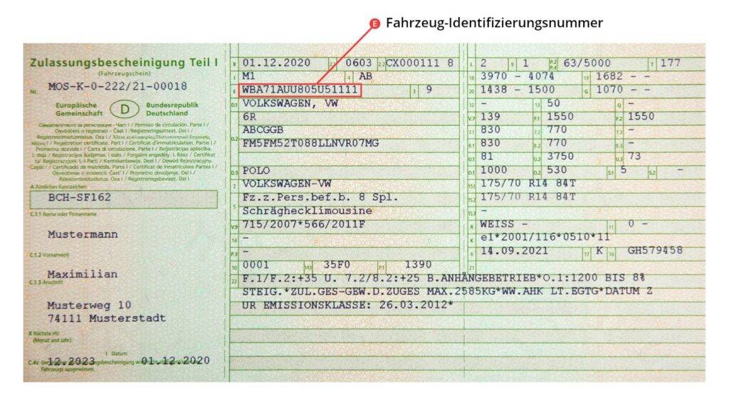 Fahrzeugschein Fin Nummer (Fahrgestell Nummer) es wurde markiert wo Mann die id findet