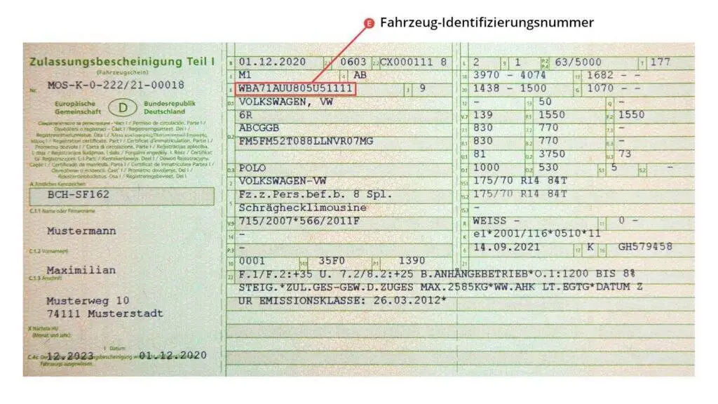 Fahrzeugschein (Zulassungsbescheinigung Teil 1) für die online KFZ Abmeldung