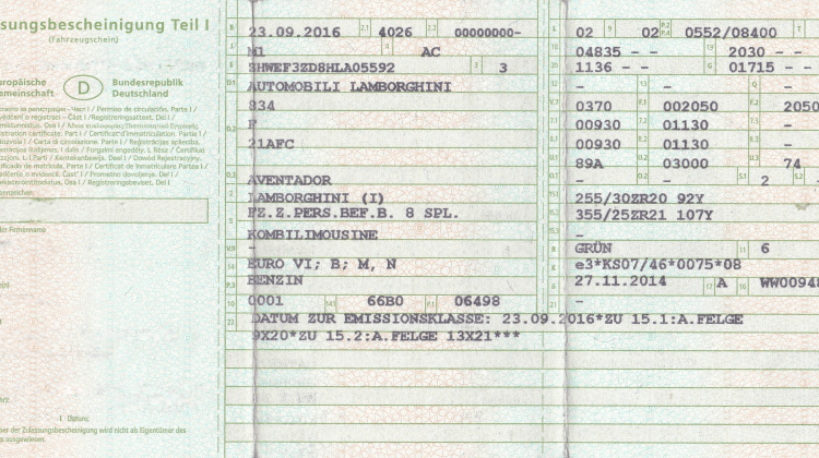 Fahrzeugschein Vorderseite Beispiel