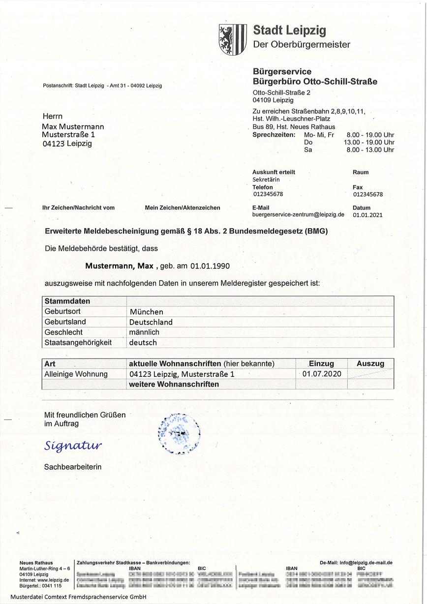 Meldebescheinigung Beispiel