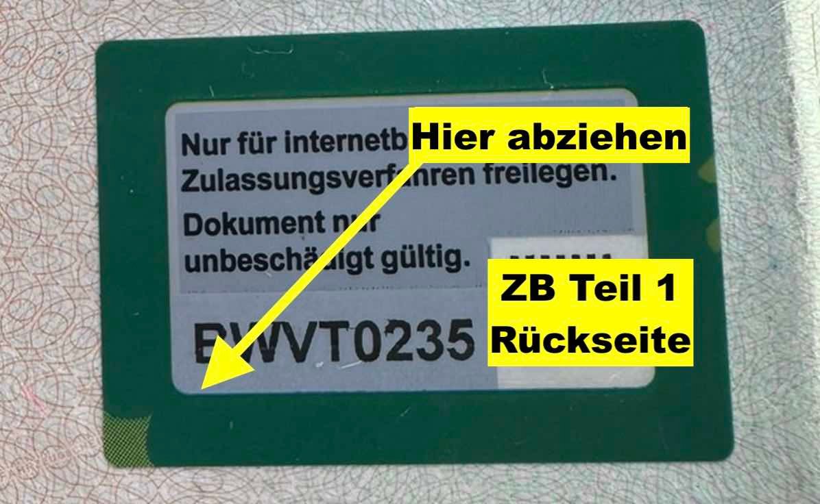Sicherheitscode abziehbar auf dem Fahrzeugschein