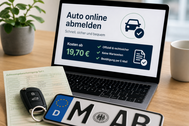Auto online abmelden Kosten 2026 mit Preis ab 19,70 Euro, Fahrzeugschein und Kennzeichen