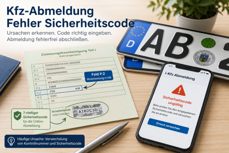 Kfz-Abmeldung Fehler Sicherheitscode mit Fahrzeugschein, Kennzeichen und Warnsymbol