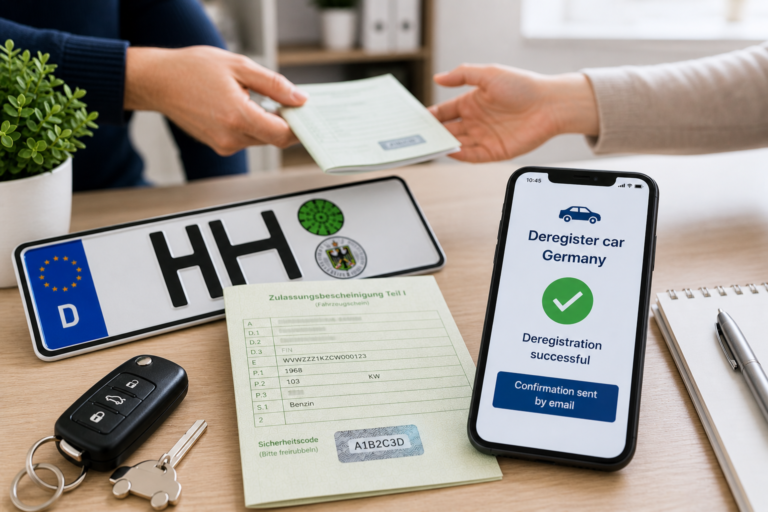 Who can deregister a car in Germany with vehicle documents, license plates and confirmation