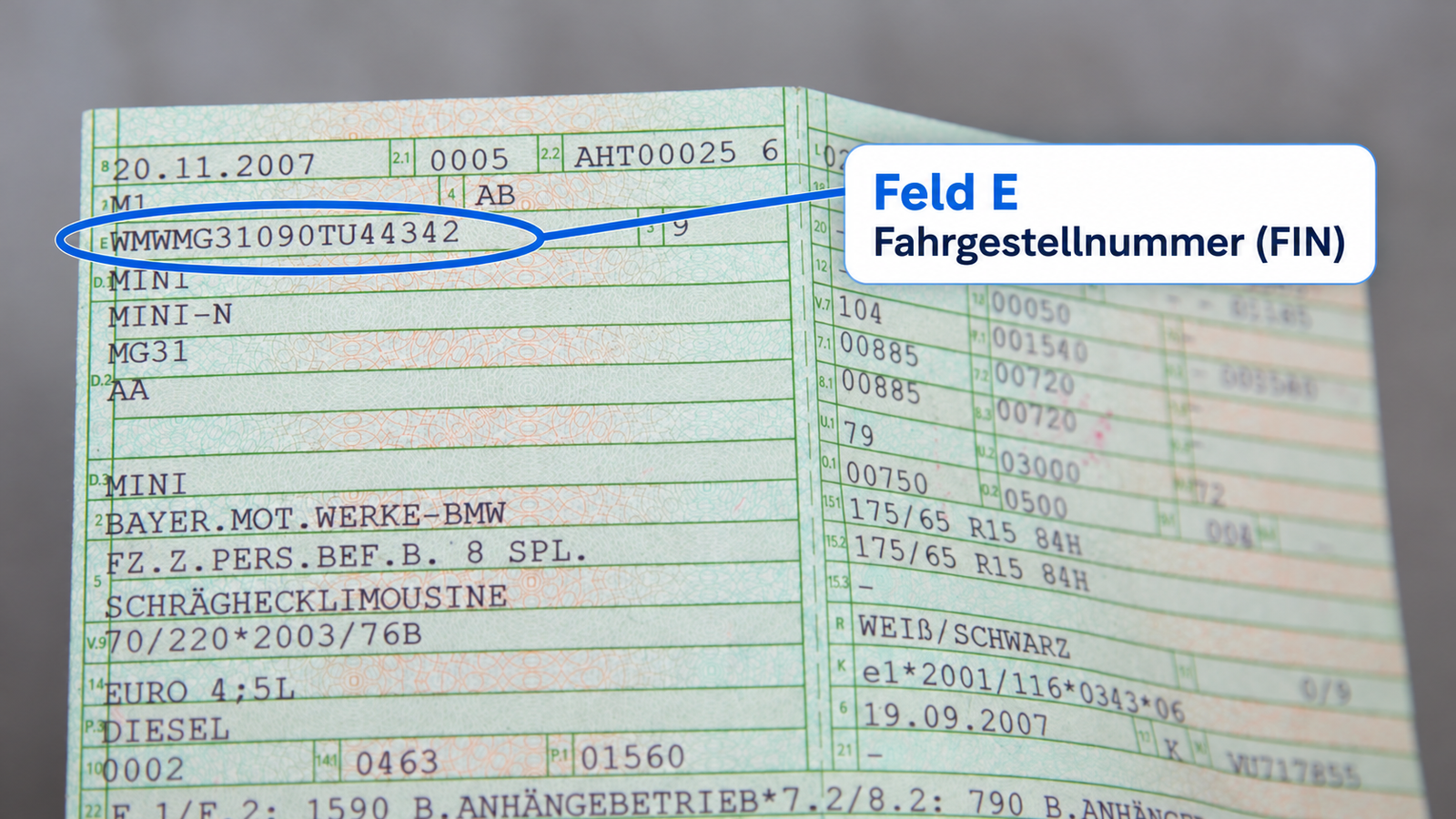 Fahrzeugschein: Feld E mit der Fahrzeug-Identifizierungsnummer (FIN) blau markiert