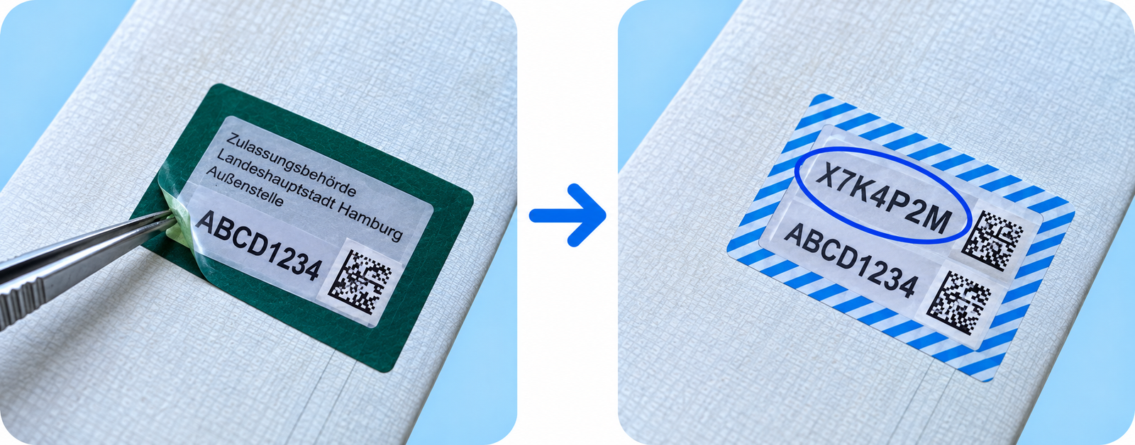 Markiertes Sicherheitscode-Feld im Fahrzeugschein und Anleitung zum Freilegen