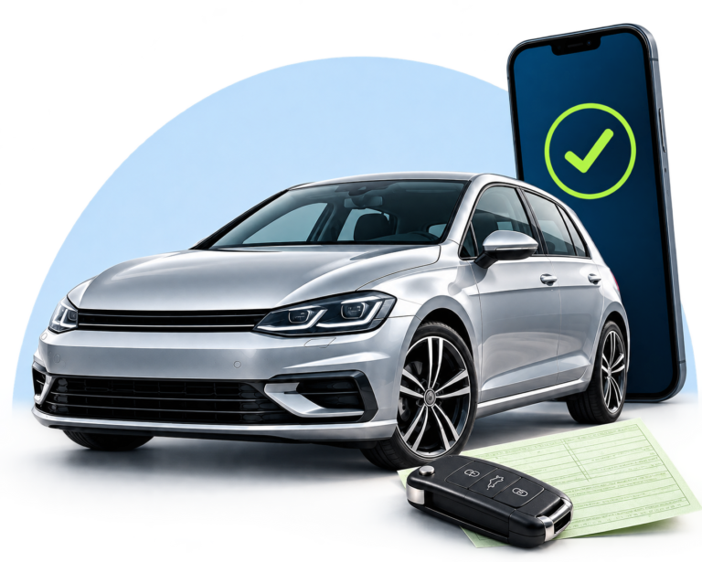 Silbernes Auto mit Smartphone, grünem Bestätigungssymbol, Autoschlüssel und Fahrzeugschein vor einem hellblauen Oval.