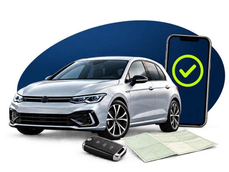 Silbernes Auto mit Smartphone, Bestätigungssymbol, Autoschlüssel und Fahrzeugschein.