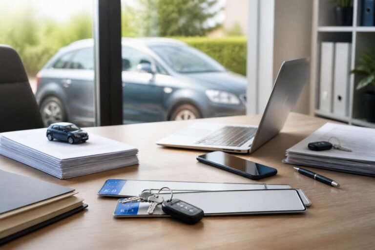 Symbolbild: Laptop, Smartphone, Autoschlüssel und neutrale Papierbögen liegen auf einem Schreibtisch; durch das Fenster ist ein abgestelltes Auto zu sehen.