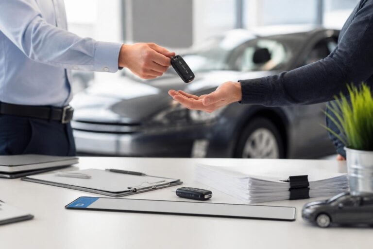 Autoübergabe an einen Händler mit Fahrzeugpapieren und Kennzeichen