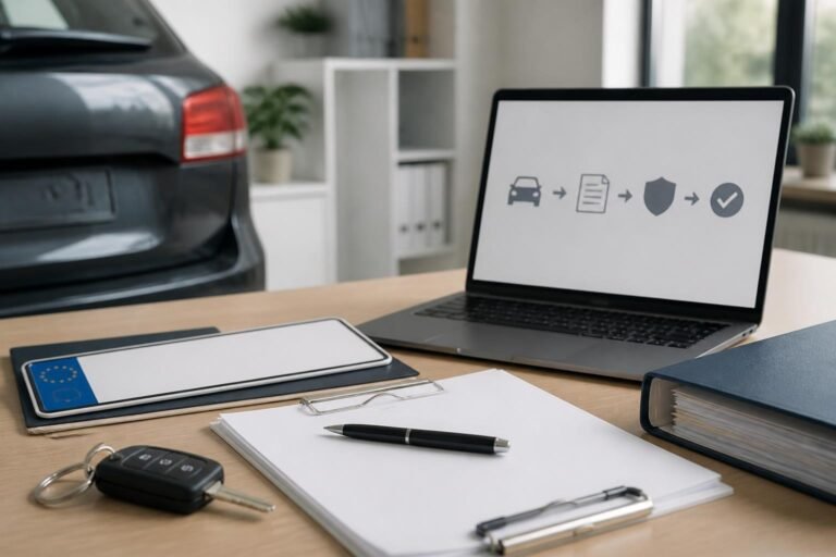Symbolbild: Fahrzeugheck neben einem Laptop mit einfachen Symbolen, neutralen Papierbögen, einem Autoschlüssel und einem Stift auf einem Tisch.