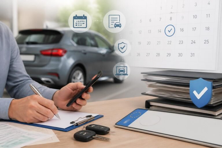 Symbolbild mit einem Auto im Hintergrund, einem Kalender mit markiertem Datum sowie einer Person mit Smartphone, Stift, neutralen Unterlagen und Autoschlüsseln.
